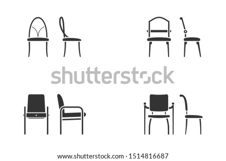Set of abstract black and white chair icon for lobby room. Front view and side view of different chair flat style, vector illustration