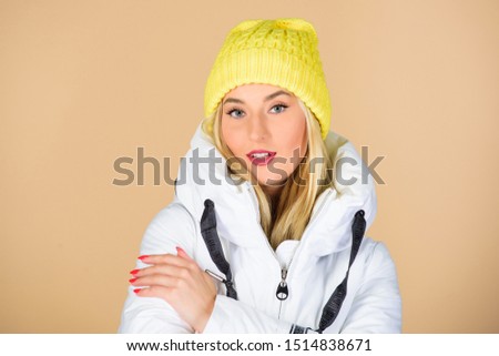 Young perfectionist. flu and cold. seasonal fashion. beauty in winter clothing. cold season shopping. happy winter holidays. New year. girl in beanie hat. faux fur fashion. woman in padded warm coat.