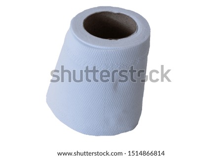 A medium-sized white toilet paper roll with signs of usage being placed on a white background.