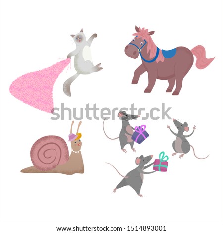 Set of animals: cat, horse, rats, snail.
Flat vector  cartoon isolated illustration with texture. Can be used for postcards, posters, greeting cards, packaging etc.