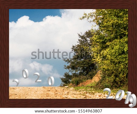 Happy New Year 2020 postcard picture image art abstract background. The New Year 2020 is coming out on the road bringing new lives (greenness and forest in the background) on the earth. 