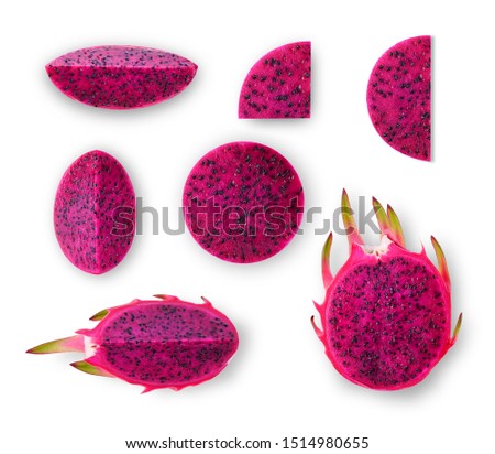 Red dragon fruit Set with appetizing serving Isolated on white background. Top viwe.