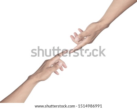 Hands reaching toward each other isolated on white background, Clipping path.