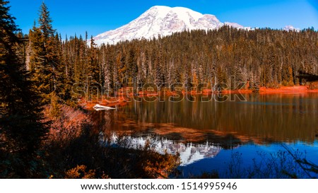 Landscape picture of Mountain Rainier in Washington, USA. Reflection of the mountain and the forest on the lake.
