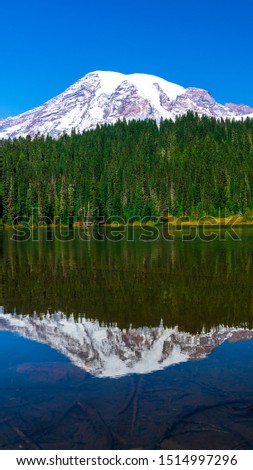 Landscape picture of Mountain Rainier in Washington, USA. Reflection of the mountain and the forest on the lake. Green foliage in the forest and snowy mountain peak