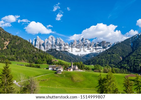 Amazing landscape of val di funes in south Tyrol, Italy. Famous tourist spot at Santa Maddalena church with background of Dolomites rocky mountain. Concept picture for alpine great mountain.