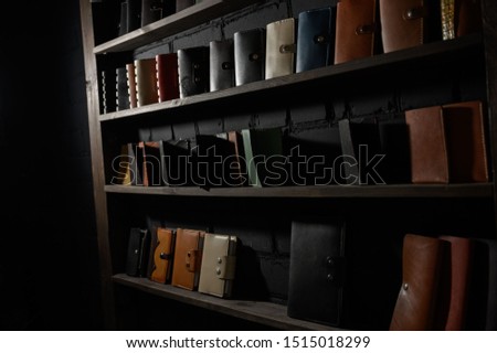 Leather workshop.Set of hand made leather wallet . Multi colored. Leather craft.