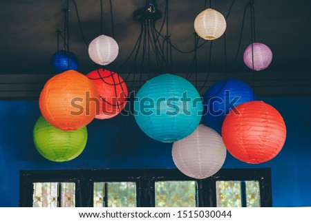 Lanterns at a coffee shop in Da Lat, Vietnam. Royalty high-quality stock photo image of much colorful lantern for decoration in coffee shop.