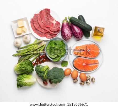 Atkins Diet food isolated on white, health concept. The aim is to lose weight by avoiding carbohydrates and controlling insulin levels Royalty-Free Stock Photo #1515036671