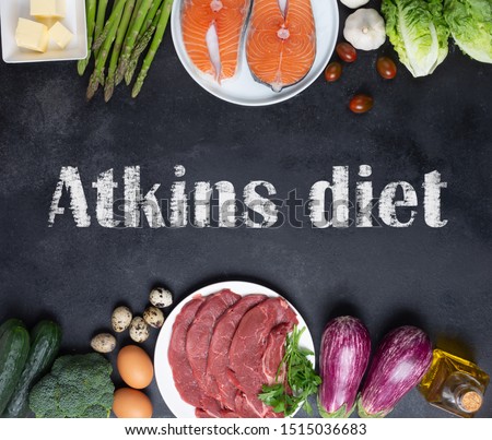 Atkins Diet food on balck chalkboard, health concept. The aim is to lose weight by avoiding carbohydrates and controlling insulin levels Royalty-Free Stock Photo #1515036683