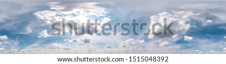 Seamless cloudy blue sky hdri panorama 360 degrees angle view with zenith and beautiful clouds for use in 3d graphics or game development as sky dome or edit drone shot