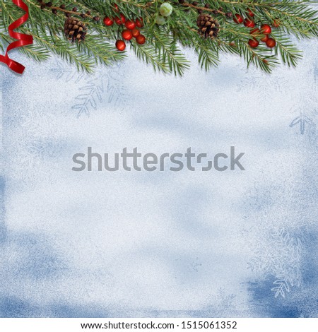 Christmas background with a border of fir branches, holly and co