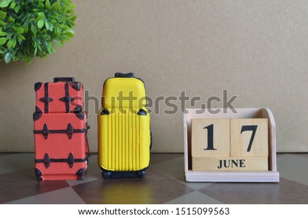 Appointment Date 17, June, Holiday, Travel cover with number cube and luggage.