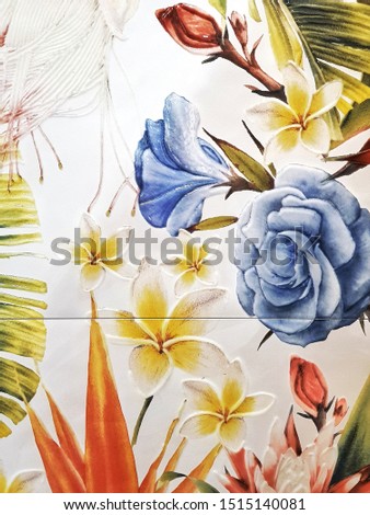 ceramic tiles with blue, yellow and red flowers and leaves