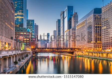 Chicago, Illinois, USA cityscape on the river at twilight. Royalty-Free Stock Photo #1515147080