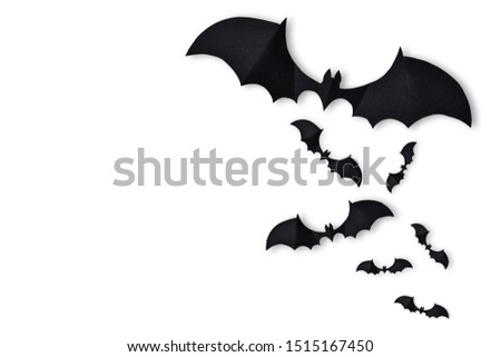 Top view of Group bat black color paper pastel isolated on white background view. Flat lay of creative on Halloween season. Copy space.