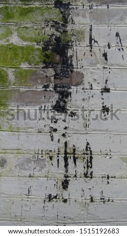 texture and background of a brick wall covered with green mold with spilled black tar