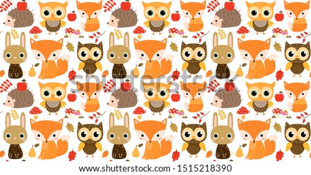 Cute autumn seamless vector pattern with cartoon animals in flat style for children clothing and packaging