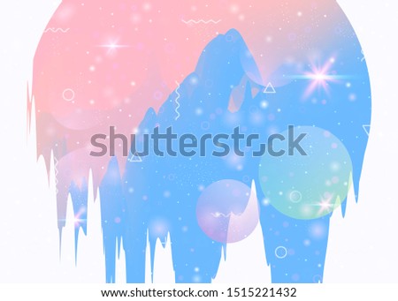 Holographic background with abstract cosmos landscape and future universe. 3d fluid. Plastic mountain silhouette with wavy glitch. Futuristic gradient and shape. Memphis holographic background.