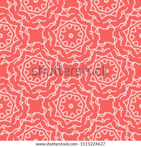 Seamless pattern with mandalas. Wallpaper made in coral colors. Hand drawn design for fabric and textile prints, paper gift wrap, wall art backgrounds.