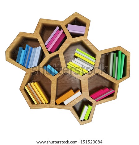 abstract hexagonal shelf full of multicolored books, isolated on white background