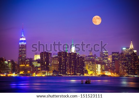 New York City skyline at night with full moon