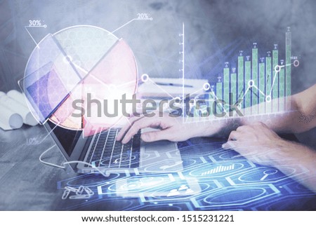 Double exposure of forex chart with man working on computer on background. Concept of market analysis.