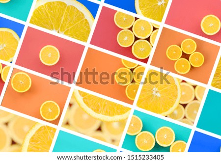 A collage of many pictures with juicy oranges. Set of images with fruits and different colors