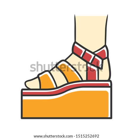 Platform high heel sandals yellow color icon. Woman stylish footwear design. Female casual summer shoes side view. Fashionable ladies clothing accessory. Isolated vector illustration