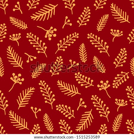 Seamless christmas pattern with spruce branches, berries. Vector new year seamless pattern. Fir spruce and berries seamless pattern for christmas packaging, textiles, fabric wallpaper illustration.  