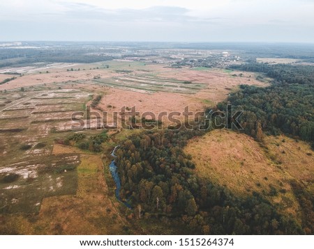 Aerial photography of fields, forests, roads, Flatley, St. Petersburg, Russia.