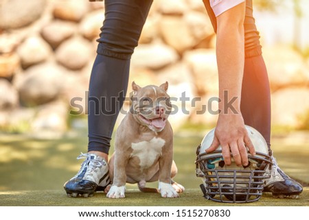 American football player with a dog posing on camera in a park. Copy space, sports banner. Concept american football, sport for the protection of animals.