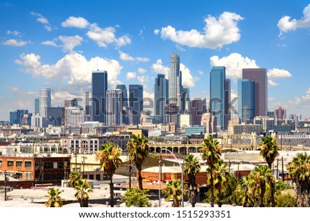 Downtown Los Angeles skyscrapers skyline at sunny day