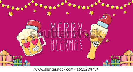 Merry beermas vector christmas banner  with beer cartoon character, red santa hat, gifts and tree isolated on horizontal red background. Vector funky christmas beer party poster design template 