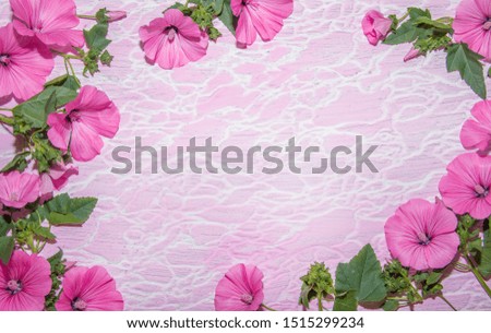 pink flowers with green leaves a light pink background with white stripes on it. texture striped background. top view background