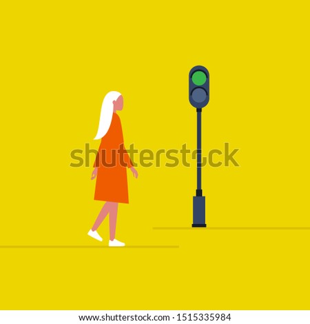 Green traffic light. Young female pedestrian crossing the road. Safety. Flat editable vector illustration, clip art