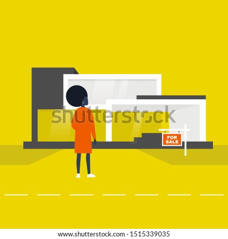 Young black female character standing in front of the building. For sale. Architecture. Real estate development. Client. Flat editable vector illustration, clip art