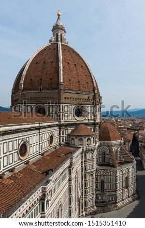 Vertical picture of the amazing dome of Cathedral of Santa Maria del Fiore from Giotto Bell Tower, landmark of Florence, Italy