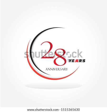 28 red anniversary number inside circle swoosh isolated on white background