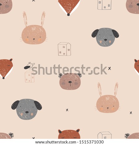 Seamless pattern with cute hand drawn cartoon animals,Fox,puppy,rabbit,bear,