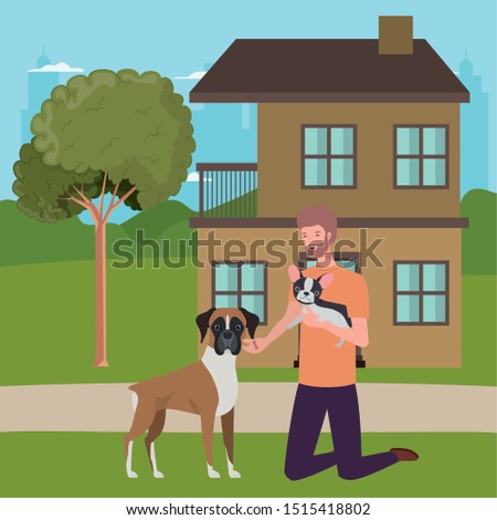 young man with cute dogs mascot in the outdoor house