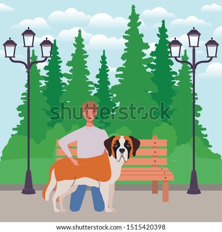 young man with cute dog mascot in the park