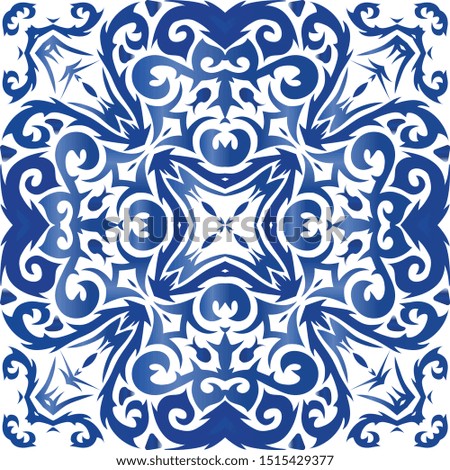 Antique azulejo tiles patchwork. Universal design. Vector seamless pattern flyer. Blue spain and portuguese decor for bags, smartphone cases, T-shirts, linens or scrapbooking.