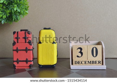 Appointment Date 30, December, Holiday, Travel cover with number cube and luggage.