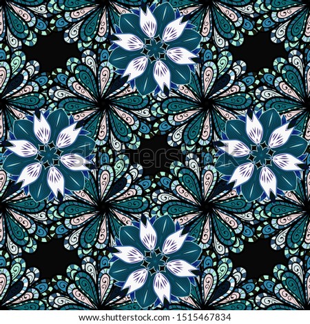 Seamless background pattern. Flowers on neutral, black and blue. Stock. Watercolor, hand drawn.