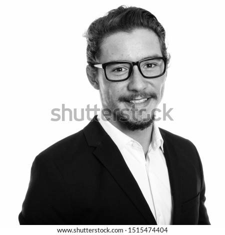 Close up of young happy businessman smiling with eyeglasses isolated against white background