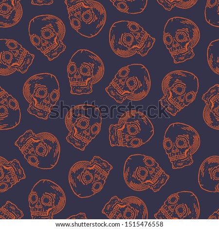 Real linocut hand made skull print. Seamless pattern. Vector vintage style illustration for t-shirt, fabric, wrapping and wallpaper design. Gloomy colors. Halloween backdrop. Funny doodle background