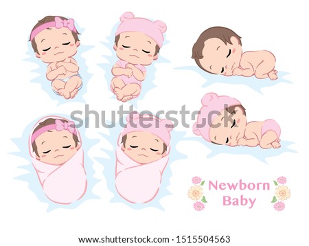 Cute newborn baby girl. Poses set. Vector illustration. Royalty-Free Stock Photo #1515504563
