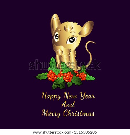 Postcard of cute gold rat and red holly for new year 2020 and merry christmas.  Cute rat character vector in gold.
