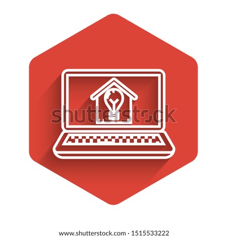 White line Laptop with smart house and light bulb icon isolated with long shadow. Red hexagon button. Vector Illustration